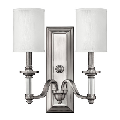 Hinkley - Sussex - Lampada a parete rustica in acciaio con doppio diffusore in tessuto - Colore: Nichel - 2 Lampadine E14 60W - IP20 - SKU: HK-SUSSEX2