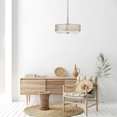 Hinkley - Jules - Lampada a sospensione in acciaio con diffusore in lino e vetro a 3 luci - Colore: Nichel - 3 Lampadine E14 60W - IP20 - SKU: HK-JULES-3P-BN
