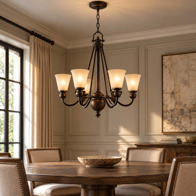 Hinkley Mayflower Lampadario con struttura rustica in acciaio e 6 diffusori in vetro ambrato Colore: Bronzo
