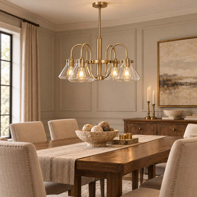 Hinkley Congress Lampadario dal design moderno in acciaio con 4 diffusori in vetro trasparente Colore: Ottone