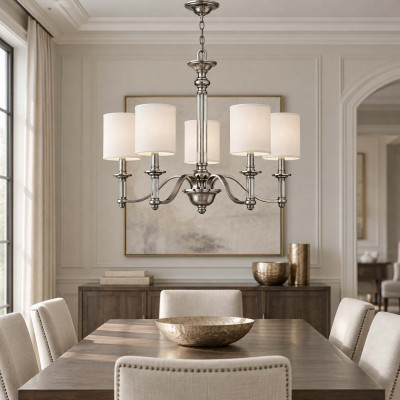 Hinkley Sussex Lampadario dallo stile moderno in acciaio con diffusori in lino a 5 luci Colore: Nichel