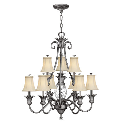 Hinkley - Plantation - Lampadario gigante rustico in acciaio e in vetro a 10 luci con paralume in lino - 10 Lampadine E14 60W - IP20 - SKU: HK-PLANT10