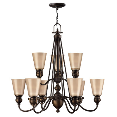 Hinkley - Mayflower - Lampadario grande struttura rustica in acciaio e 6 diffusori in vetro ambrato - Colore: Bronzo - 9 Lampadine E27 60W - IP20 - SKU: HK-MAYFLOWER9