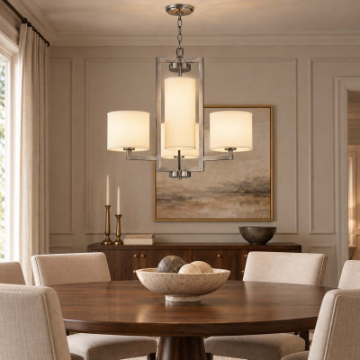 Hinkley Hampton Lampadario in acciaio con diffusori in lino a 4 luci dal design minimal Colore: Nichel