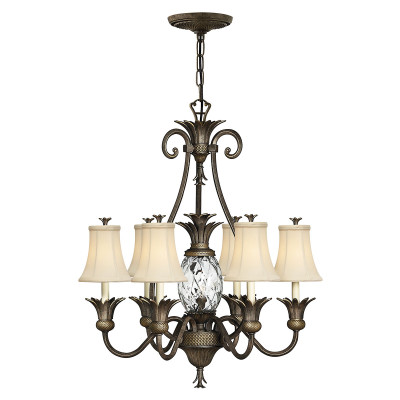 Hinkley - Plantation - Lampadario in acciaio e vetro con paralumi in lino a 7 luci in stile rustico - 7 Lampadine E14 60W - IP20 - SKU: HK-PLANT7