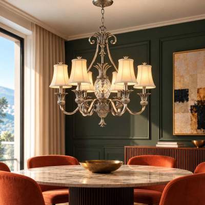 Hinkley Plantation Lampadario in acciaio e vetro con paralumi in lino a 7 luci in stile rustico Colore: Nichel