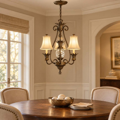 Hinkley Plantation Lampadario in stile rustico in acciaio e vetro con paralumi in lino a 3 luci Colore: Bronzo