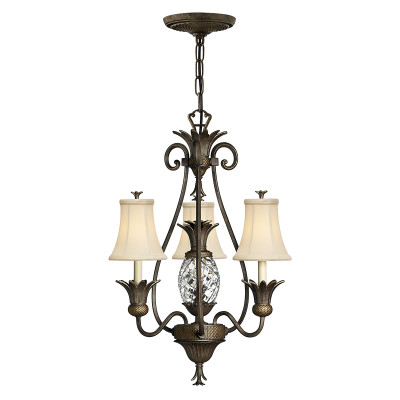 Hinkley - Plantation - Lampadario in stile rustico in acciaio e vetro con paralumi in lino a 3 luci - 3 Lampadine E14 60W - IP20 - SKU: HK-PLANT3