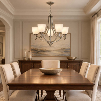 Hinkley Truman Lampadario medio in acciaio con diffusori in vetro a 5 luci dal design moderno Colore: Nichel