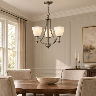 Hinkley Truman Lampadario piccolo in acciaio con diffusori in vetro a 3 luci dal design moderno Colore: Nichel