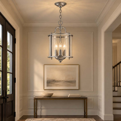 Hinkley Gentry Lampadario piccolo moderno in acciaio con diffusore in vetro a 3 luci Colore: Satinato