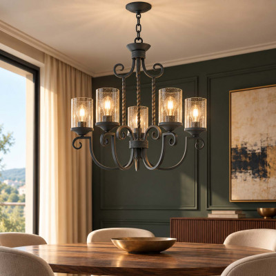 Hinkley Casa Lampadario rustico grande in alluminio con diffusore in vetro a 5 luci Colore: Nero