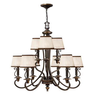 Hinkley - Plymouth - Lampadario rustico grande struttura in acciaio e diffusori in organza a 9 luci - Colore: Bronzo - 9 Lampadine E14 60W - IP20 - SKU: HK-PLYMOUTH9