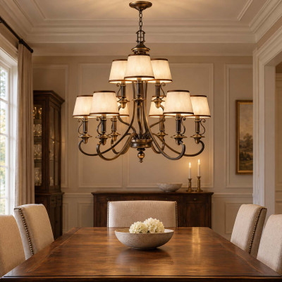 Hinkley Plymouth Lampadario rustico grande struttura in acciaio e diffusori in organza a 9 luci Colore: Bronzo