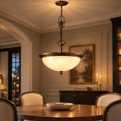 Hinkley Mayflower Lampadario rustico in acciaio con diffusore in vetro ambrato a 3 luci Colore: Bronzo