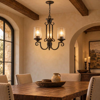 Hinkley Casa Lampadario rustico in alluminio con diffusore in vetro a 3 luci Colore: Nero