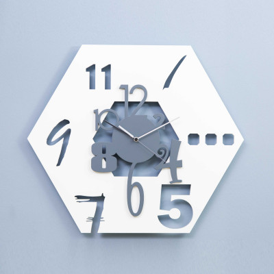 I Dettagli - Esagono - Orologio da parete in legno a forma di esagono dal design moderno - Colore: Bianco/Bluette - SKU: OR6050ES-B/BA