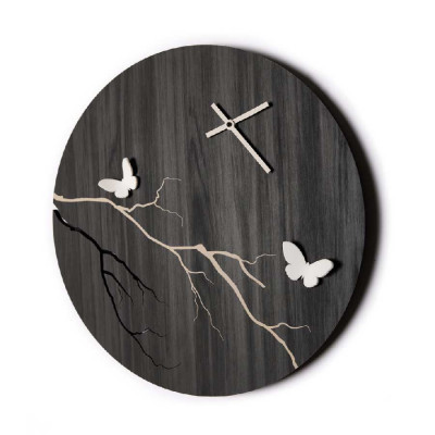 I Dettagli - Osaka - Orologio da parete rotondo moderno in legno con applicazioni di farfalle - Colore: Nero - SKU: OR4546OSA