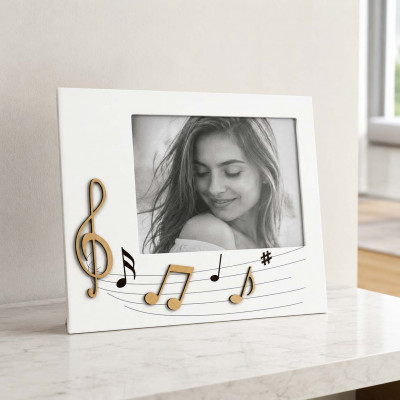 I Dettagli Musicalmente Portafoto da tavolo in legno con applicazioni musicali e dettagli incisi a laser Foto 20x15 Colore: Bianco