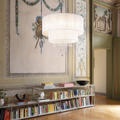 Ideal lux - Swan - Lampada a sospensione grande con paralume in PVC e pendagli in cristallo - Colore: Bianco - 10 Lampadine E27 60W - IP20 - SKU: 165011