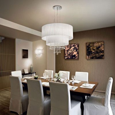 Ideal lux - Swan - Lampada a sospensione media con paralume in PVC e pendagli in cristallo - Colore: Bianco - 6 Lampadine E27 60W - IP20 - SKU: 068299