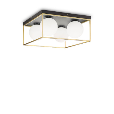 Ideal lux - Lingotto - Lampada da soffitto grande in metallo quadrata con 4 diffusori in vetro soffiato - Colore: Ottone - 4 Lampadine - E14 - 28W - IP20 - SKU: 198156