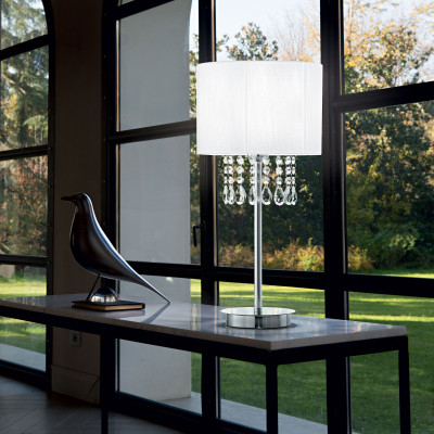  Ideal lux - Opera - Lampada da tavolo in metallo con diffusore in tessuto con elementi in cristallo - Colore: Bianco - 1 Lampadina E27 60W - IP20 - SKU: 068305 