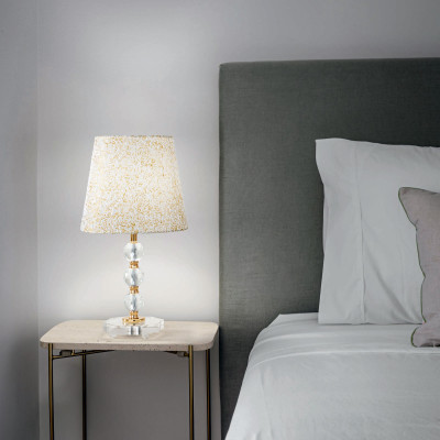  Ideal lux - Queen - Lampada da tavolo in metallo e cristallo e paralume in tessuto e PVC - Colore: Oro - 1 Lampadina E27 60W - IP20 - SKU: 077741 