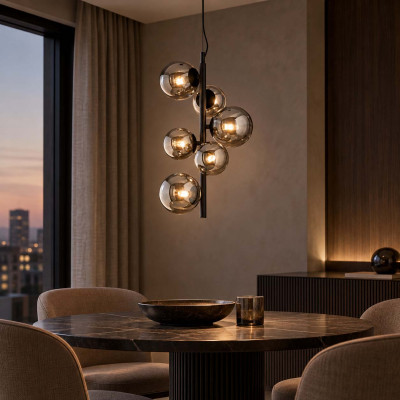 Ideal lux Perlage Lampadario a grappolo con corpo in metallo e 6 diffusori in vetro a boccia Colore: Grigio Fumè
