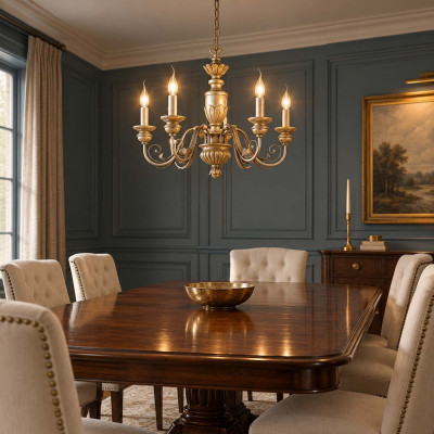 Ideal lux Firenze Lampadario classico struttura in resina e 5 bracci in metallo Colore: Oro