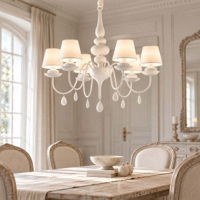 Ideal lux Blanche Lampadario dal design moderno in metallo con 6 paralumi in tessuto Colore: Bianco