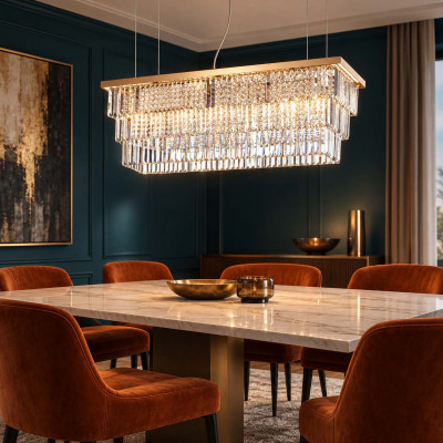 Ideal lux Martinez Lampadario elegante con diffusore rettangolare con cristalli pendenti Colore: Oro