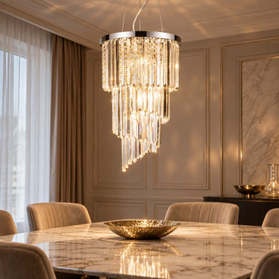Ideal lux Carlton Lampadario elegante con diffusore rotondo di cristalli pendenti Colore: Cromato