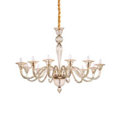 Ideal lux - Brigitta - Lampadario grande classico in metallo con 12 bracci in vetro soffiato - Colore: Ambra - 12 Lampadine - E14 - 40W - IP20 - SKU: 199405