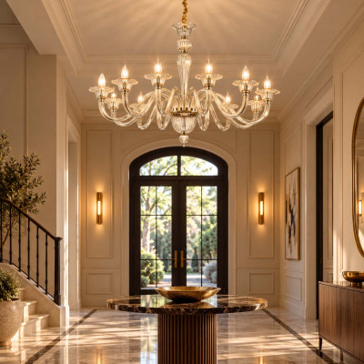 Ideal lux Brigitta Lampadario grande classico in metallo con 12 bracci in vetro soffiato Colore: Ambra