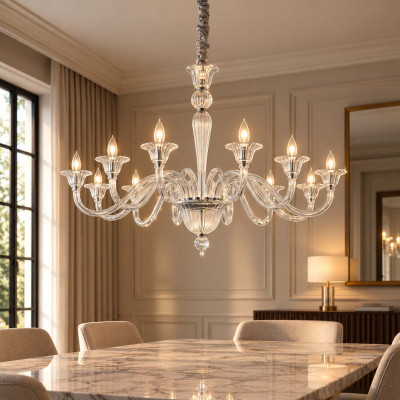 Ideal lux Brigitta Lampadario grande classico in metallo con 12 bracci in vetro soffiato Colore: Trasparente