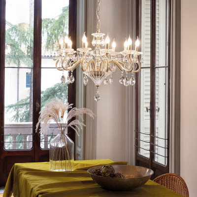 Ideal lux - Negresco - Lampadario grande con bracci in vetro soffiato dettagli in metallo placato - Colore: Oro - 10 Lampadine E14 28W - IP20 - SKU: 087771