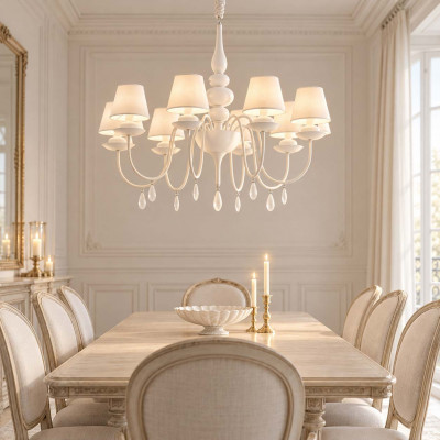 Ideal lux Blanche Lampadario grande dal design moderno in metallo con 8 paralumi in tessuto Colore: Bianco