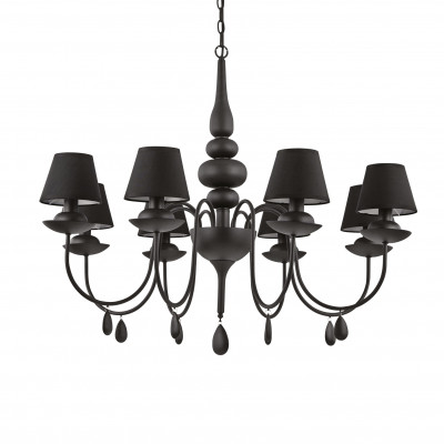 Ideal lux - Blanche - Lampadario grande dal design moderno in metallo con 8 paralumi in tessuto - Colore: Nero - 8 Lampadine - E14 - 40W - IP20 - SKU: 111896