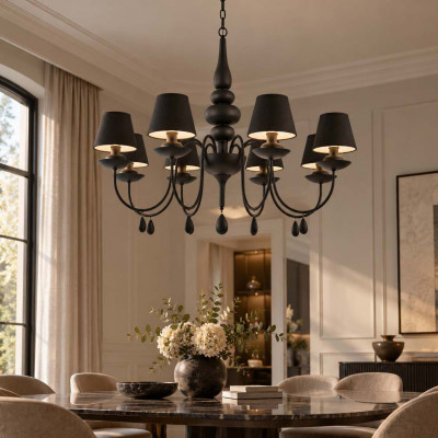 Ideal lux Blanche Lampadario grande dal design moderno in metallo con 8 paralumi in tessuto Colore: Nero