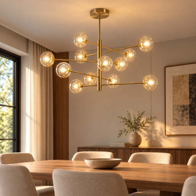 Ideal lux Equinoxe Lampadario grande in metallo con 12 diffusori a boccia in vetro Colore: Ambra