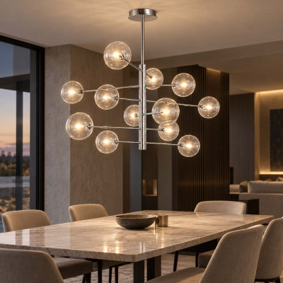 Ideal lux Equinoxe Lampadario grande in metallo con 12 diffusori a boccia in vetro Colore: Cromato