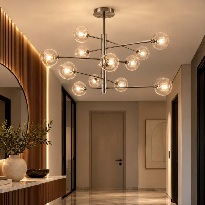 Ideal lux Equinoxe Lampadario grande in metallo con 12 diffusori a boccia in vetro Colore: Grigio Fumè