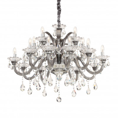 Ideal lux - Colossal - Lampadario grande in metallo cromato con bracci e pendenti in vetro soffiato - Colore: Grigio - 15 Lampadine - E14 - 40W - IP20 - SKU: 081526