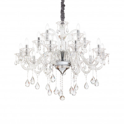 Ideal lux - Colossal - Lampadario grande in metallo cromato con bracci e pendenti in vetro soffiato - 15 Lampadine E14 40W - IP20 - SKU: 1141G