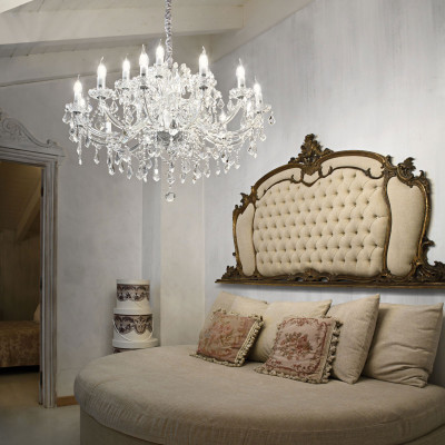 Ideal lux - Napoleon - Lampadario grande in metallo elementi decorativi in vetro soffiato e cristallo - 18 Lampadine E14 40W - IP20 - SKU: 1672G