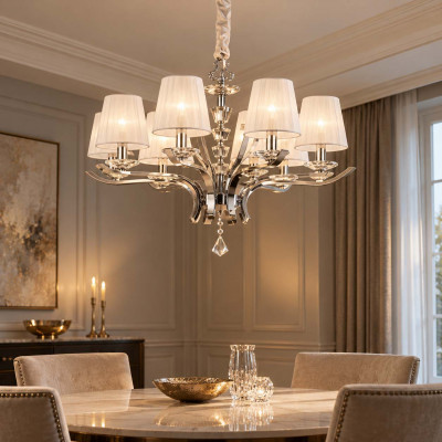 Ideal lux Pegaso Lampadario grande moderno in metallo e cristallo con paralumi in organza Colore: Bianco