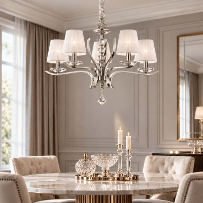 Ideal lux Pegaso Lampadario medio moderno in metallo e cristallo con paralumi in organza Colore: Bianco