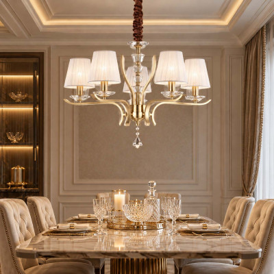 Ideal lux Pegaso Lampadario medio moderno in metallo e cristallo con paralumi in organza Colore: Ottone