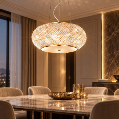Ideal lux Pashà Lampadario moderno con corpo in metallo e diffusore con perle di cristallo Colore: Oro